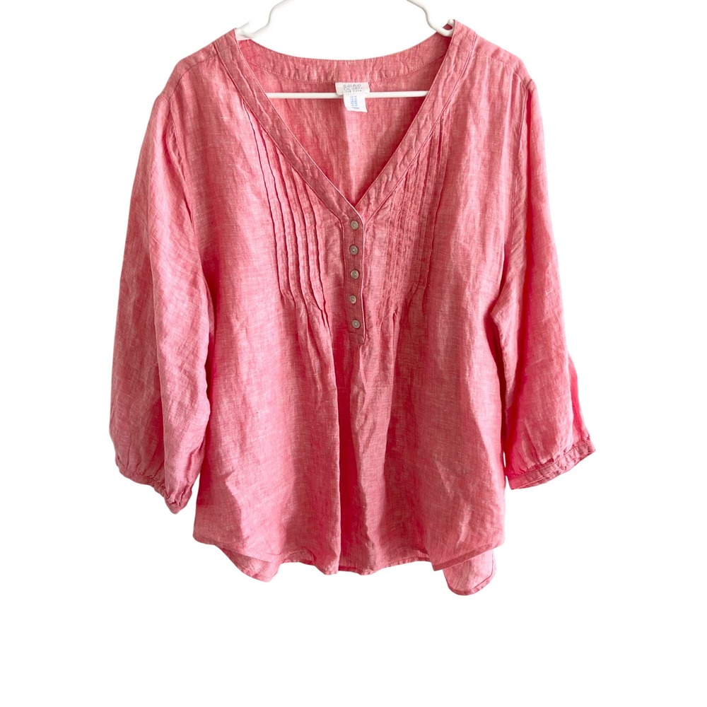 Sigrid Olsen Coral Pink 100% Linen Pintuck V-Neck Blouse Top Plus Size 1X